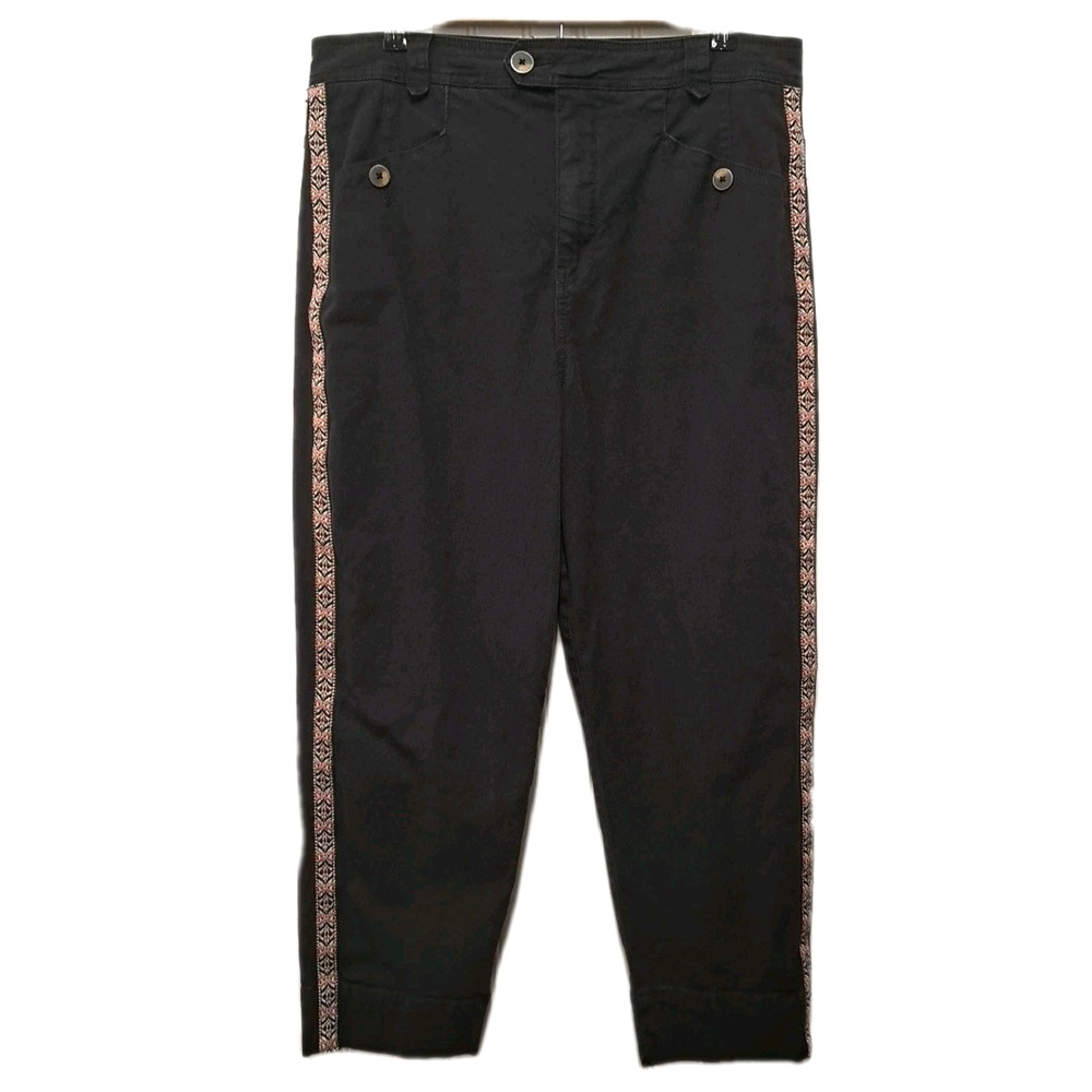 Anthropologie Cropped Pants Womens 12 Black High Waisted Embroidered Side Stripe